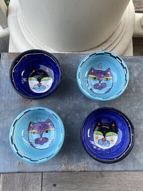 Milson & Louis handpainted Cat mini Ceramic Set of 4 Bowls, blue and multicolor